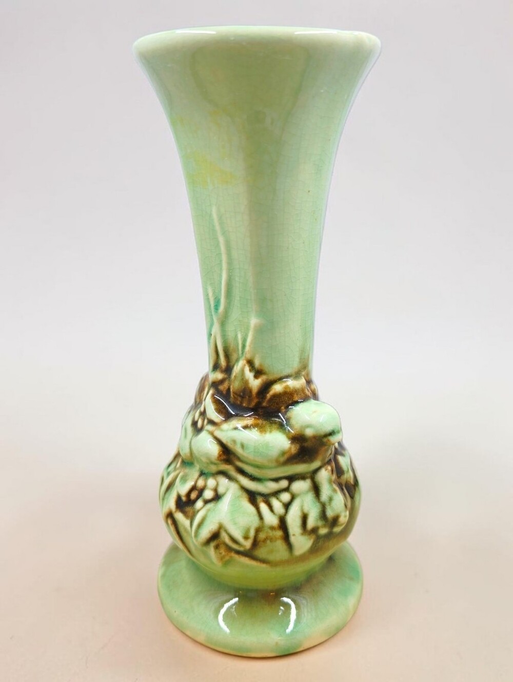 McCoy Pottery Green Brown Rustic Nesting Birds Vase 7in Embossed Vintage Logo